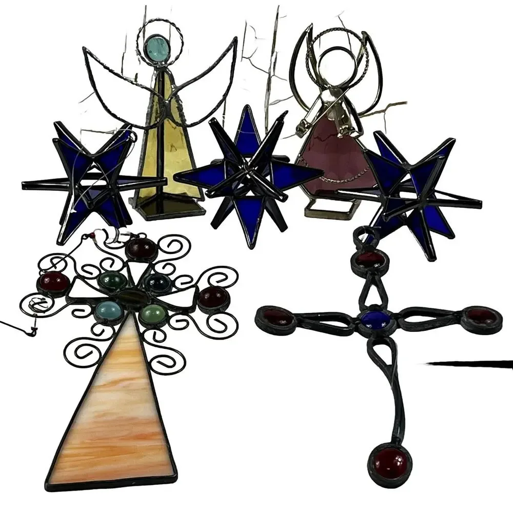 Set of 7 Stained Glass Cobalt Blue Snowflake Ornaments 4 Handmade Angel &Crosses